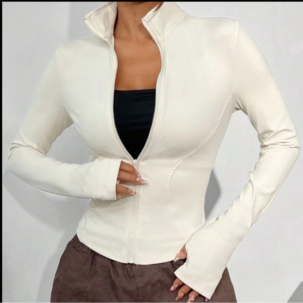 Cream Long Sleeve Zip-Up Top